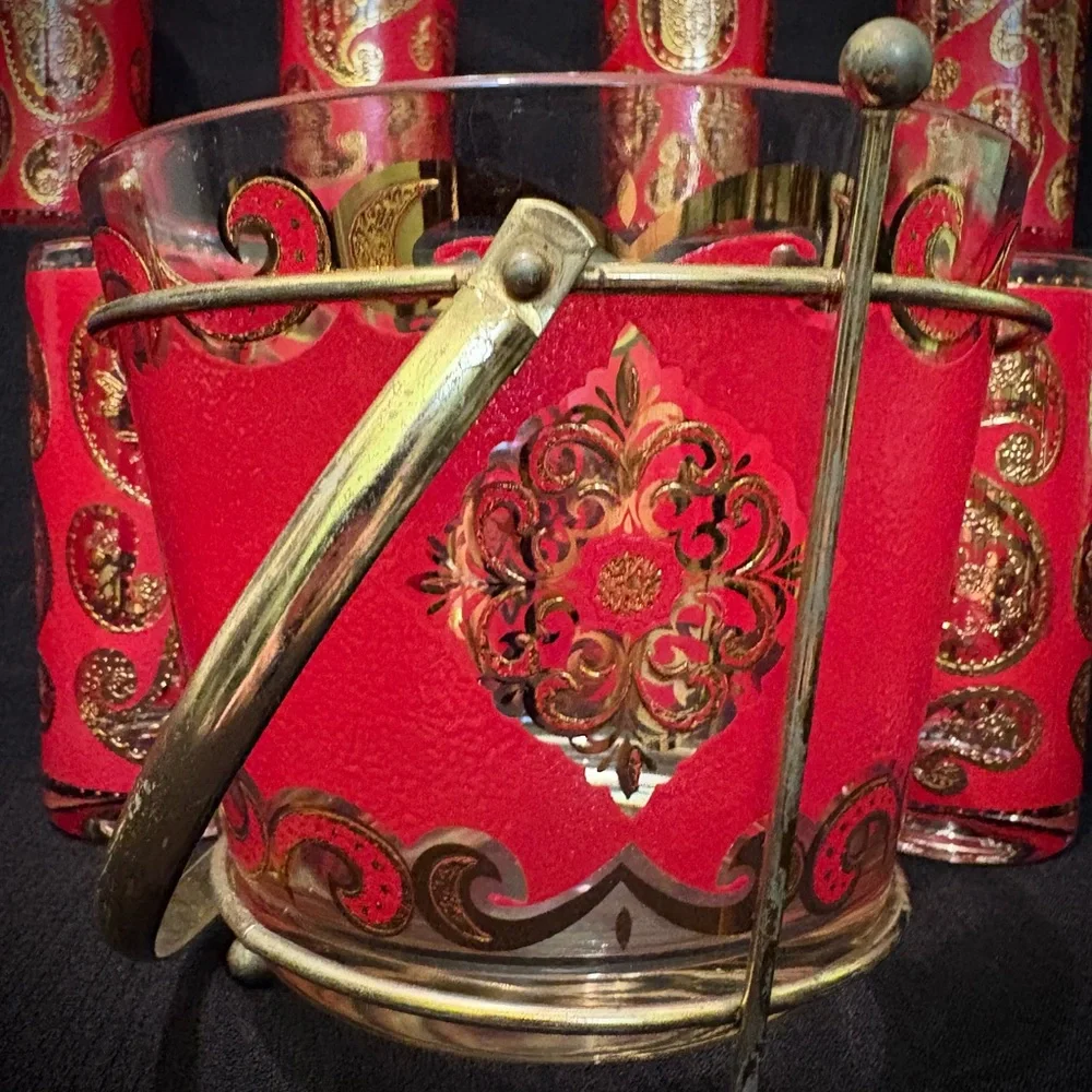 Vintage Mid-Century Modern Culver Hi-ball Glasses (8) & Ice Bucket. Red/22k Gold